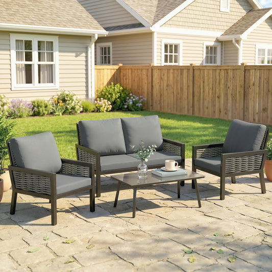 Outsunny 4 Seater Rattan Garden Furniture Set with 2 Armchairs, Loveseat, Coffee Table, Garden Sofa Set with Cushions, Dark Grey