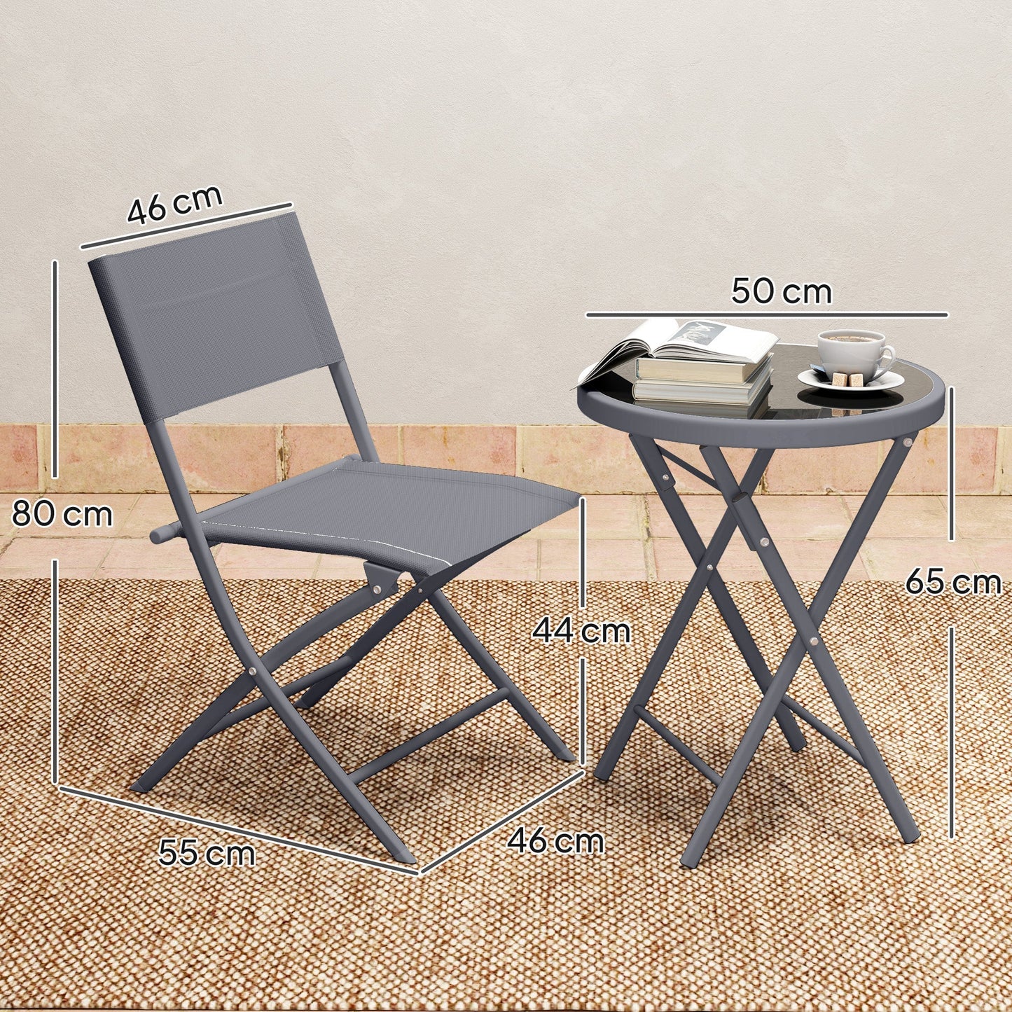 Outsunny 3 Pieces Outdoor Bistro Set, Glass Top Outdoor Table and 2 Folding Chairs with Protecting Feet, Grey