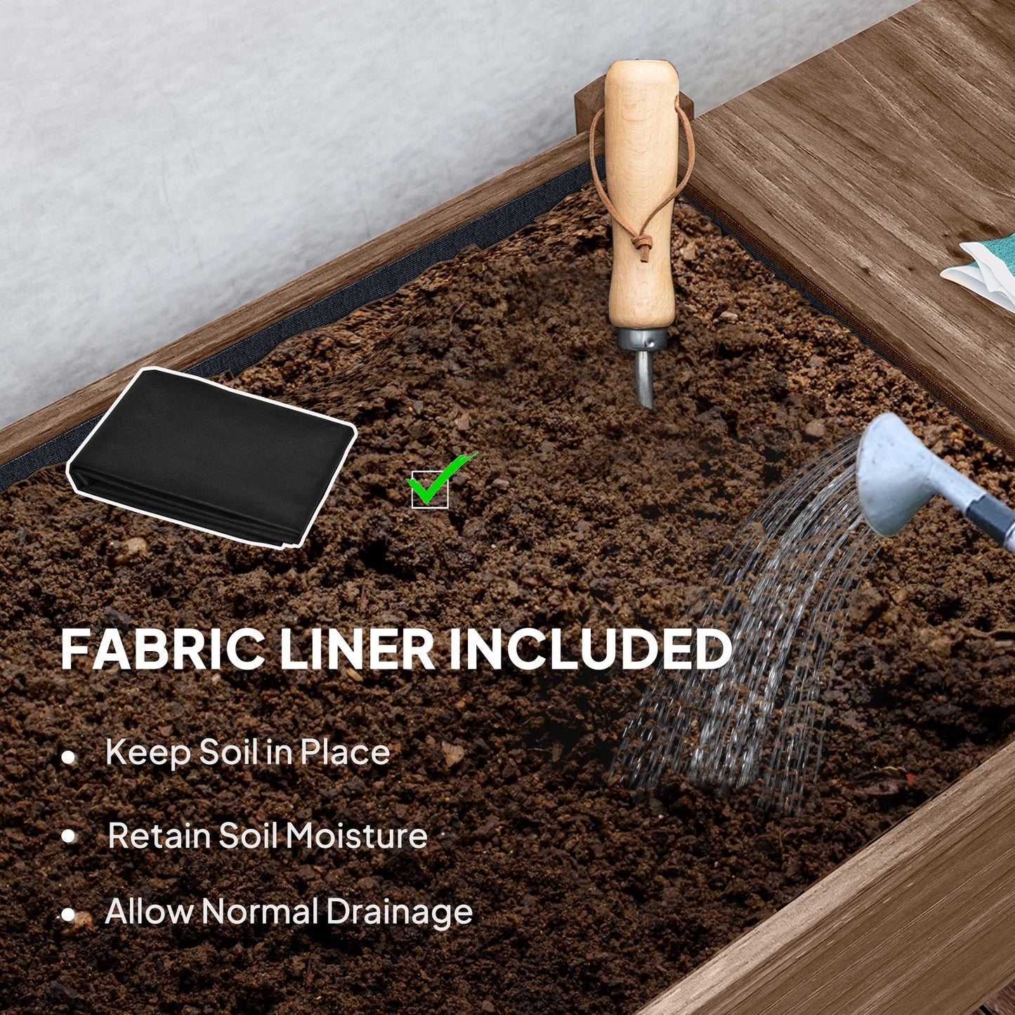 Outsunny Raised Garden Bed, Wooden Elevated Planter Box with Lockable Wheels, Side Tables and Bottom Shelf, Outdoor Planter with Liner and Drainage Holes for Vegetables, Flowers, Fruits, Carbonised