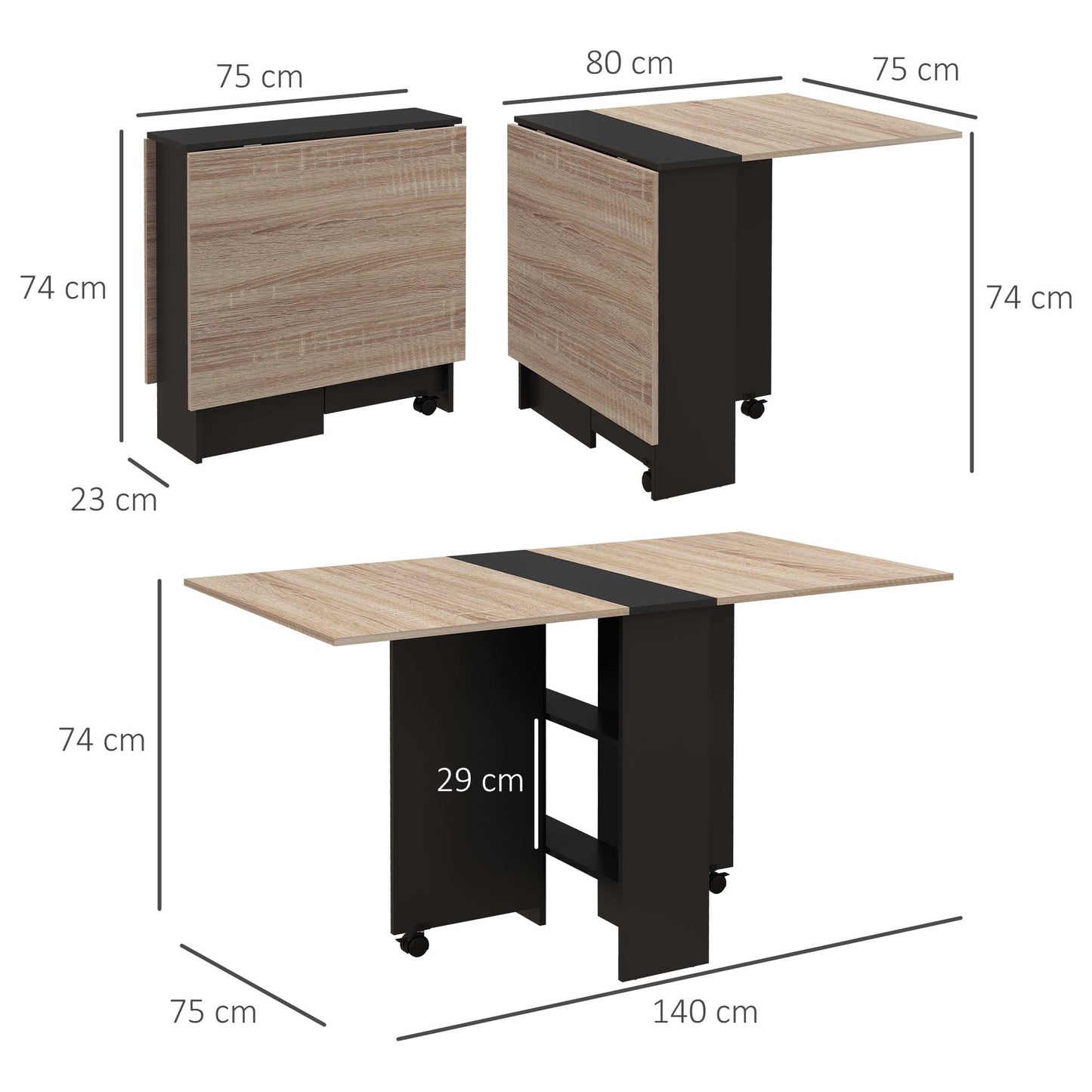 HOMCOM Folding Dining Table, Drop Leaf Table with 2-Tier Shelves, Rolling Casters, for Small Spaces, Kitchen, Oak and Black