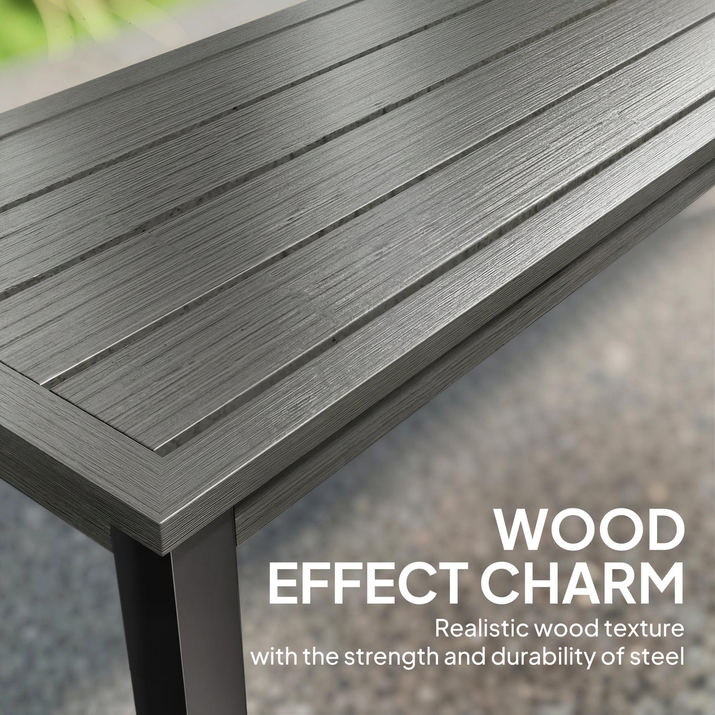 Outsunny 2 Seater Garden Bench, Outdoor Bench Loveseat with Wood-Effect Slatted Seat and Steel Frame for Patio, Park, Grey