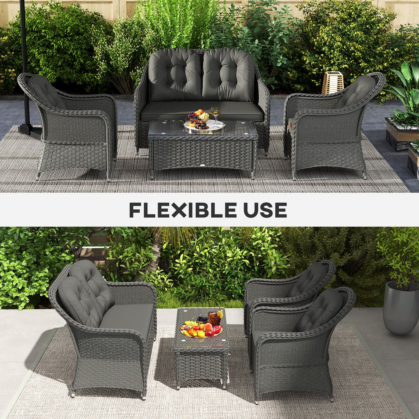 Outsunny Four-Piece Rattan Sofa Set, with Glass-Top Table - Light Grey