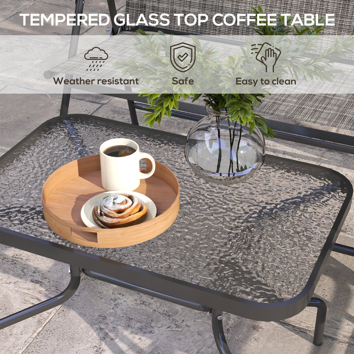 Outsunny Outdoor\'c2\'a04 Pieces Patio Furniture Set with Breathable Mesh Fabric\'c2\'a0Seat & Backrest,\'c2\'a0Garden Set with Two Foldable Armchairs, a Loveseat &\'c2\'a0Glass\'c2\'a0Top\'c2\'a0Table, Mixed Grey