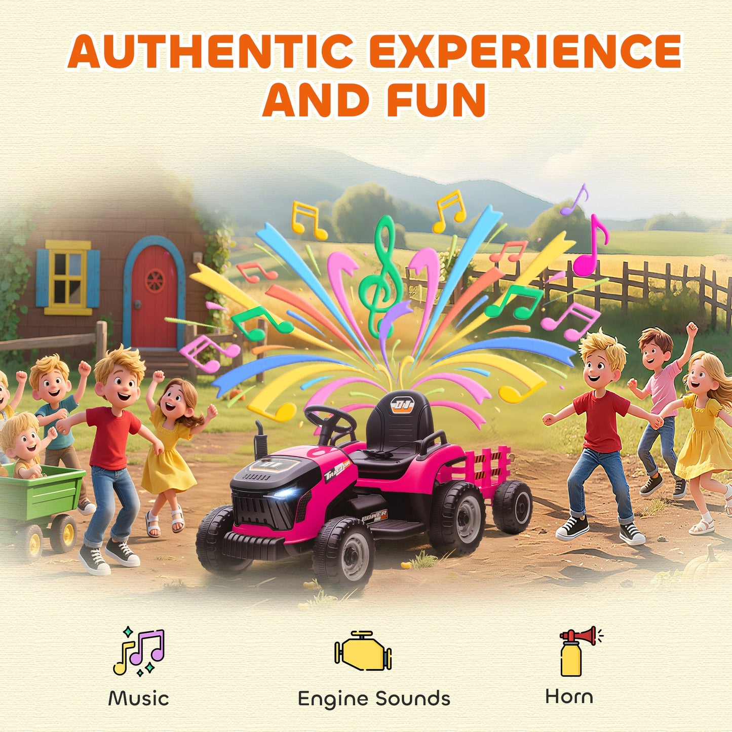 AIYAPLAY 12V Ride on Tractor and Trailer with Remote Control, Music, Shifter, Start-Up Sound, for Kids Ages 3-8 Years, Pink