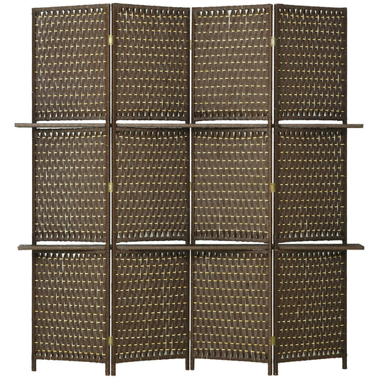 HOMCOM 4-Panel Room Dividers with Shelves, Wave Fibre Freestanding Folding Privacy Screen Panels, Partition Wall Divider for Indoor Bedroom Office, 180\'c2\'a0cm, Brown