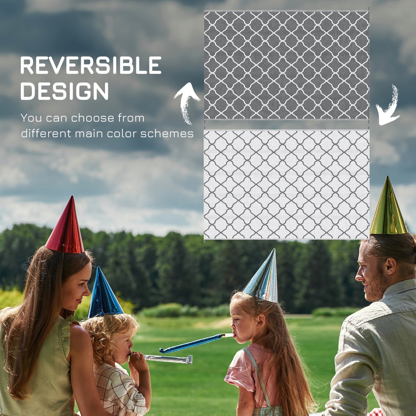 Outsunny Reversible Outdoor Rug with Carry Bag, Waterproof Plastic Straw Mat for Garden, Deck, RV, Picnic, Beach, Camping, 182 x 274cm, Grey