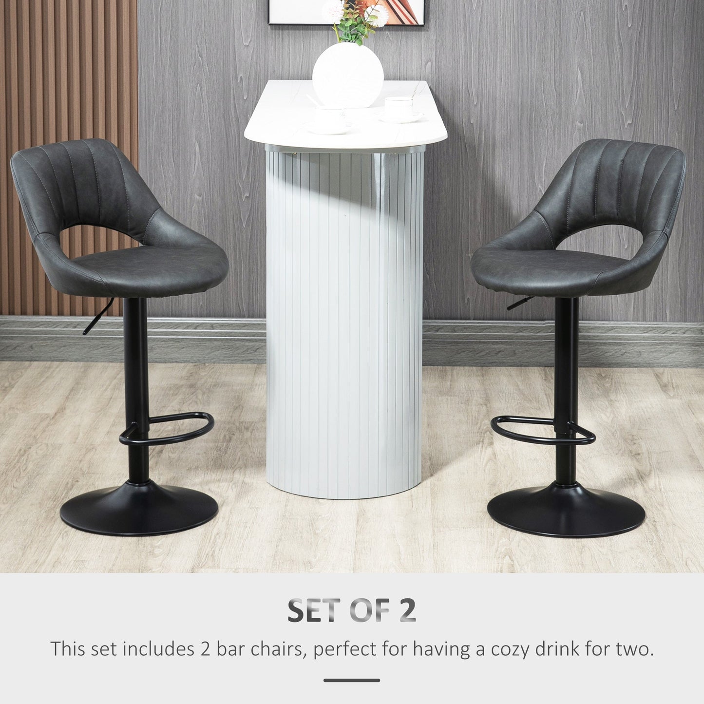 HOMCOM Bar Stools Set of 2, Swivel Counter Height Barstools with Back, Adjustable PU Leather Bar Chairs, Modern Armless Kitchen Island Stool, Dark Grey