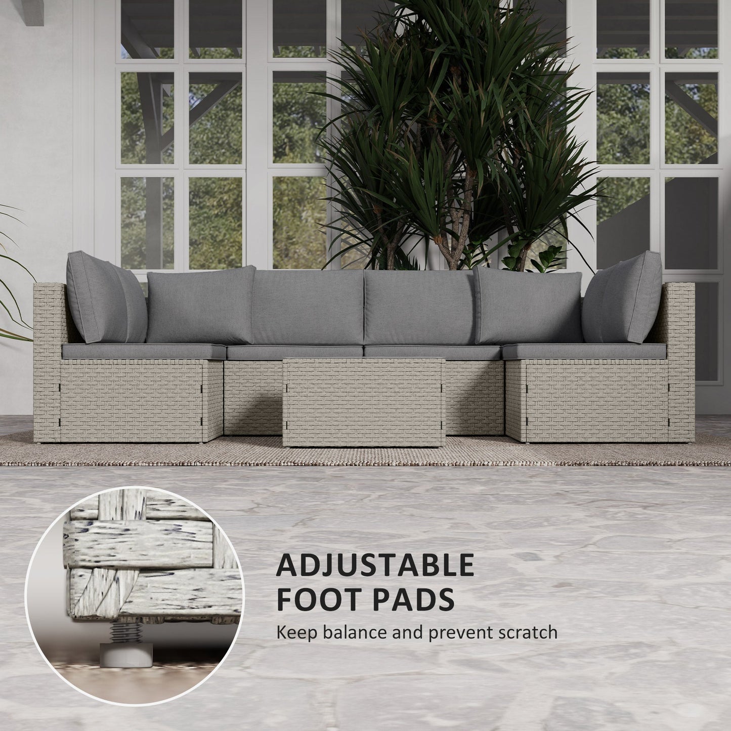 Outsunny 7 Pieces Rattan Garden Furniture Set, 6 Seater Garden Corner Sofa with Wide Seat, Cushions and Glass Top Table, Sectional Outdoor Furniture Conservatory Set for Patio, Light Brown