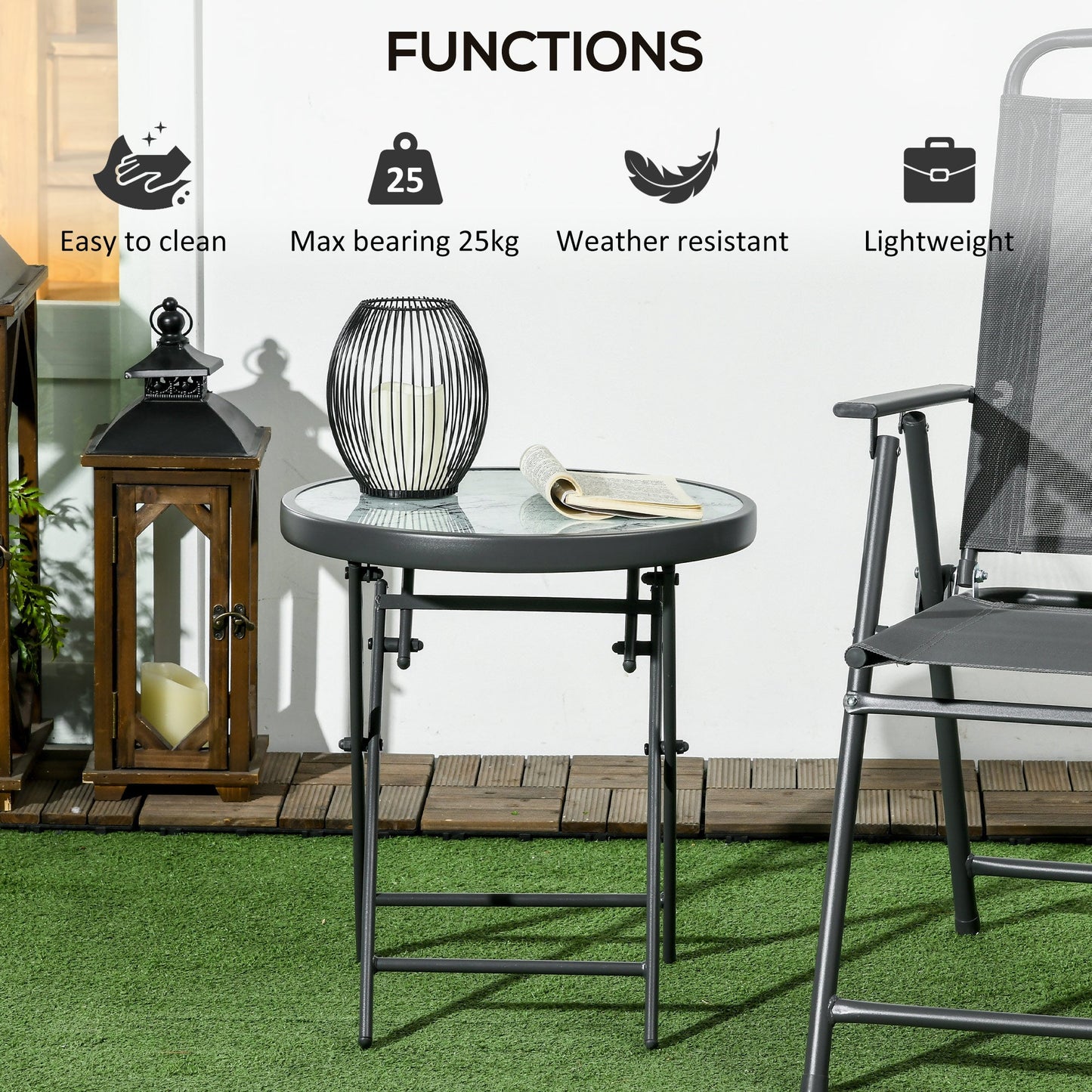 Outsunny \'ce\'a645cm Garden Side Table, Outdoor Round Folding Patio Table with Imitation Marble Glass Top, Small Coffee Table, White