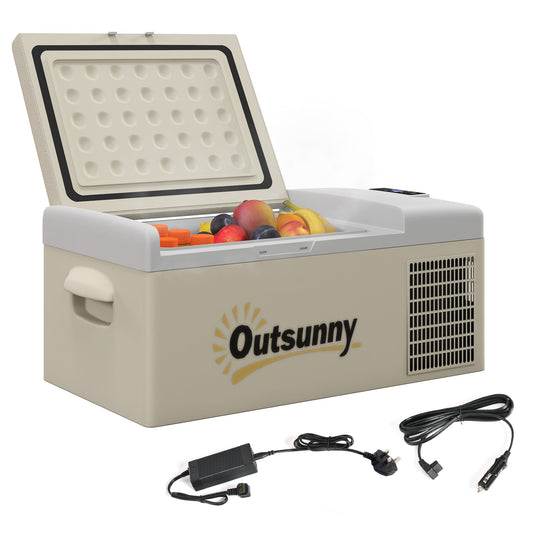 Outsunny 16L Portable Car Fridge, -20\'e2\'84\'83 to 10\'e2\'84\'83 Adjustable Temperature - Khaki/Grey