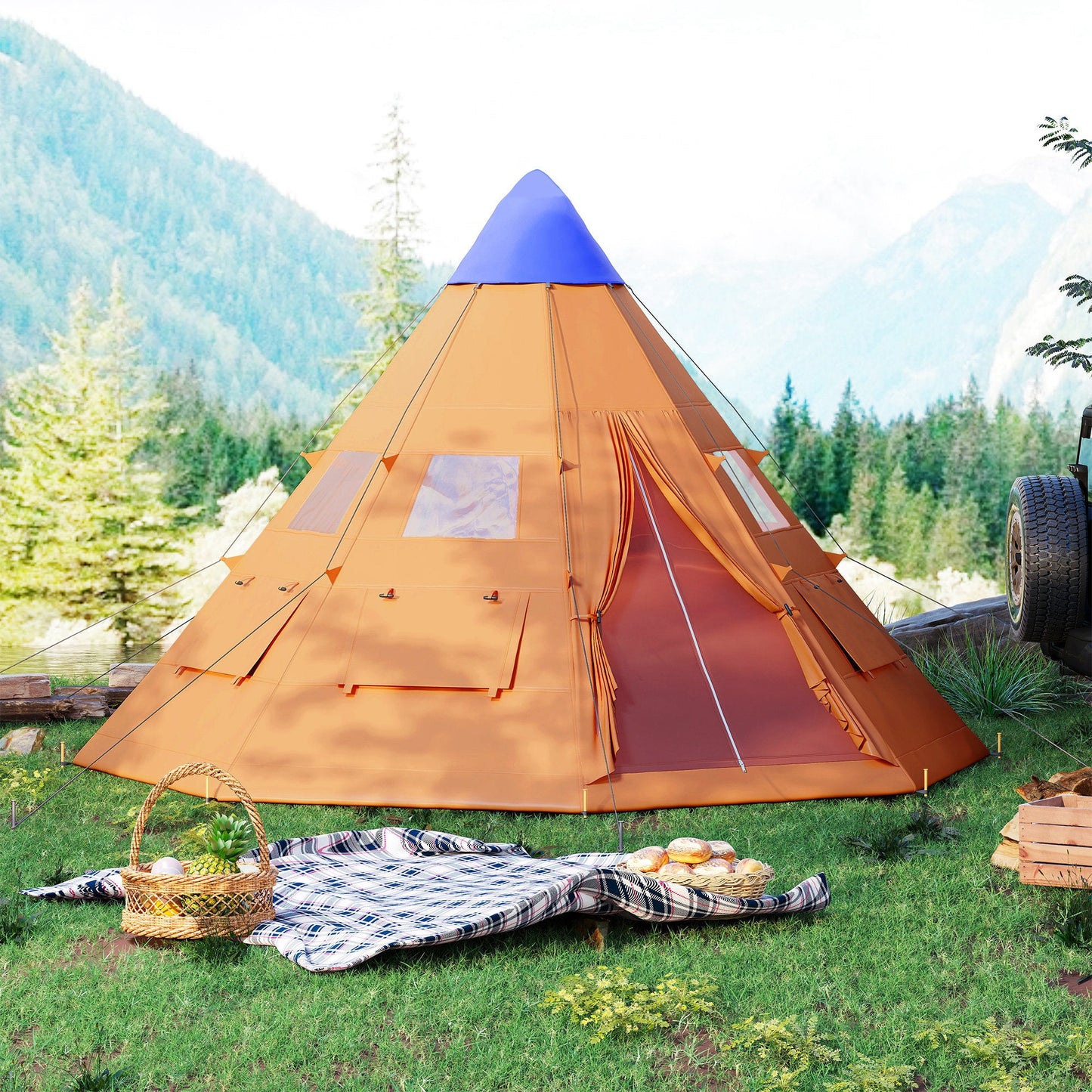Outsunny 6 Men Tipi Tent with Carry Bag - Orange