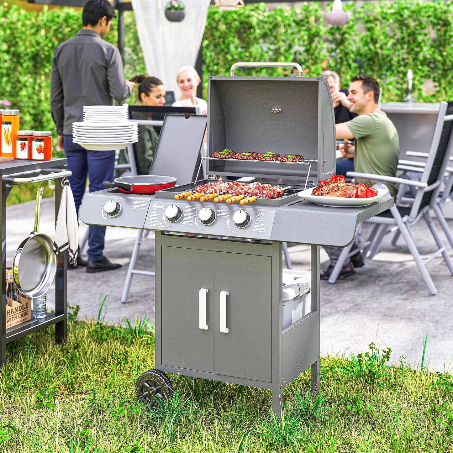 Outsunny 3+1 Burner Gas BBQ Grill, Outdoor Barbecue Trolley with Wheels, Warming Rack, Side Shelves, Cabinet, Thermometer for Garden, Party, Camping, 110L x 50W x 100Hcm, Grey