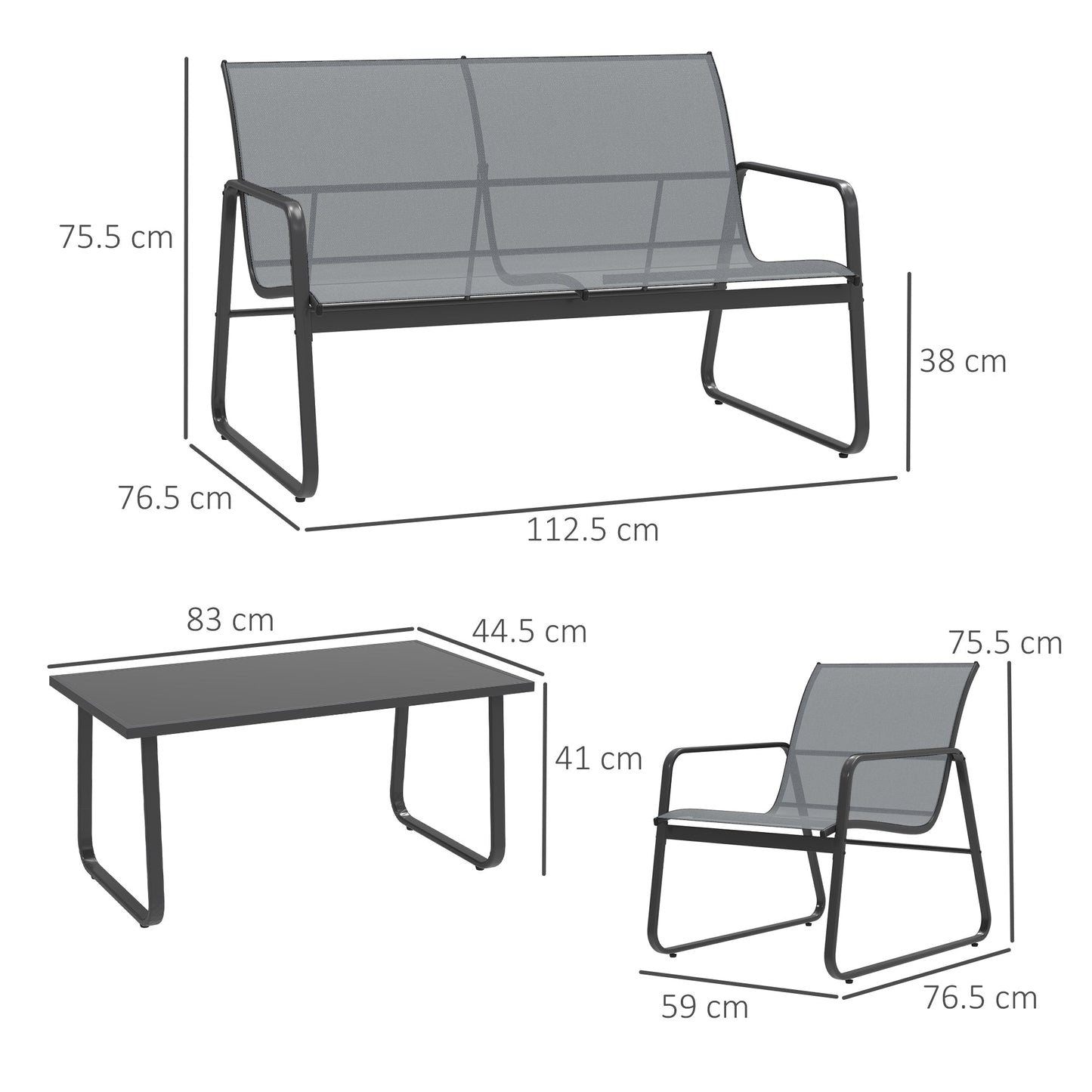 Outsunny 4 Piece Garden Furniture Set Outdoor Patio Sofa Set with Double Chair, Single Chairs and Glass Top Table for Terrace and Balcony, Light Grey
