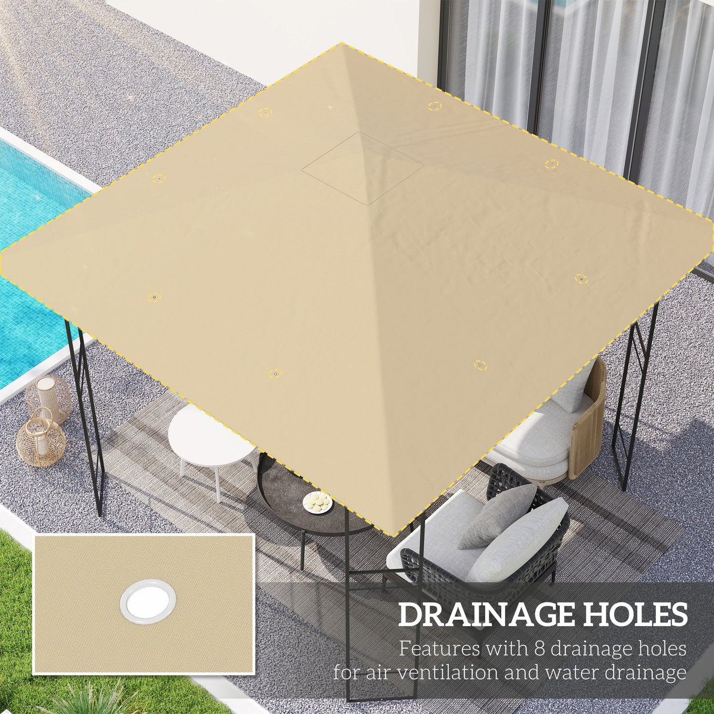 Outsunny 3 x 3(m) Gazebo Canopy Replacement Cover, Garden Gazebo Roof Replacement with Drain Holes, Water Resistant PVC Coating, 370g/\'e3\'8e\'a1, UPF30+, TOP COVER ONLY, Beige