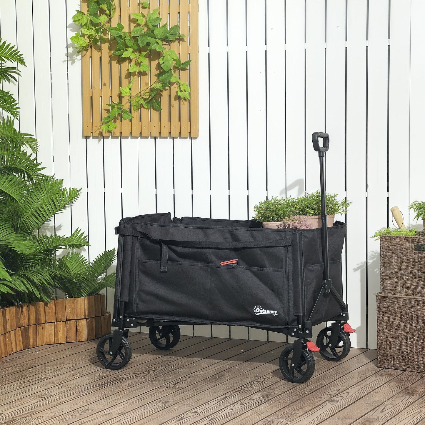Outsunny Folding Trolley on Wheels, 150L Collapsible Wagon Festival Trolley Cart with Openable Sides, Adjustable Handle and Brakes for Shopping Camping Beach and Garden, Black