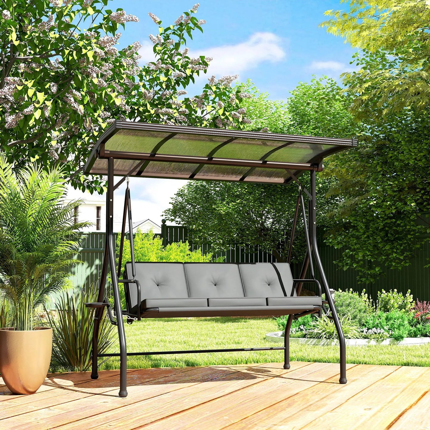 Outsunny 3 Seater Garden Swing Seat Bed with UPF30+ Adjustable Canopy, Convertible Swing Chair with Cushion, Outdoor Hammock Bench with Cup Trays for Balcony Patio, Dark Grey