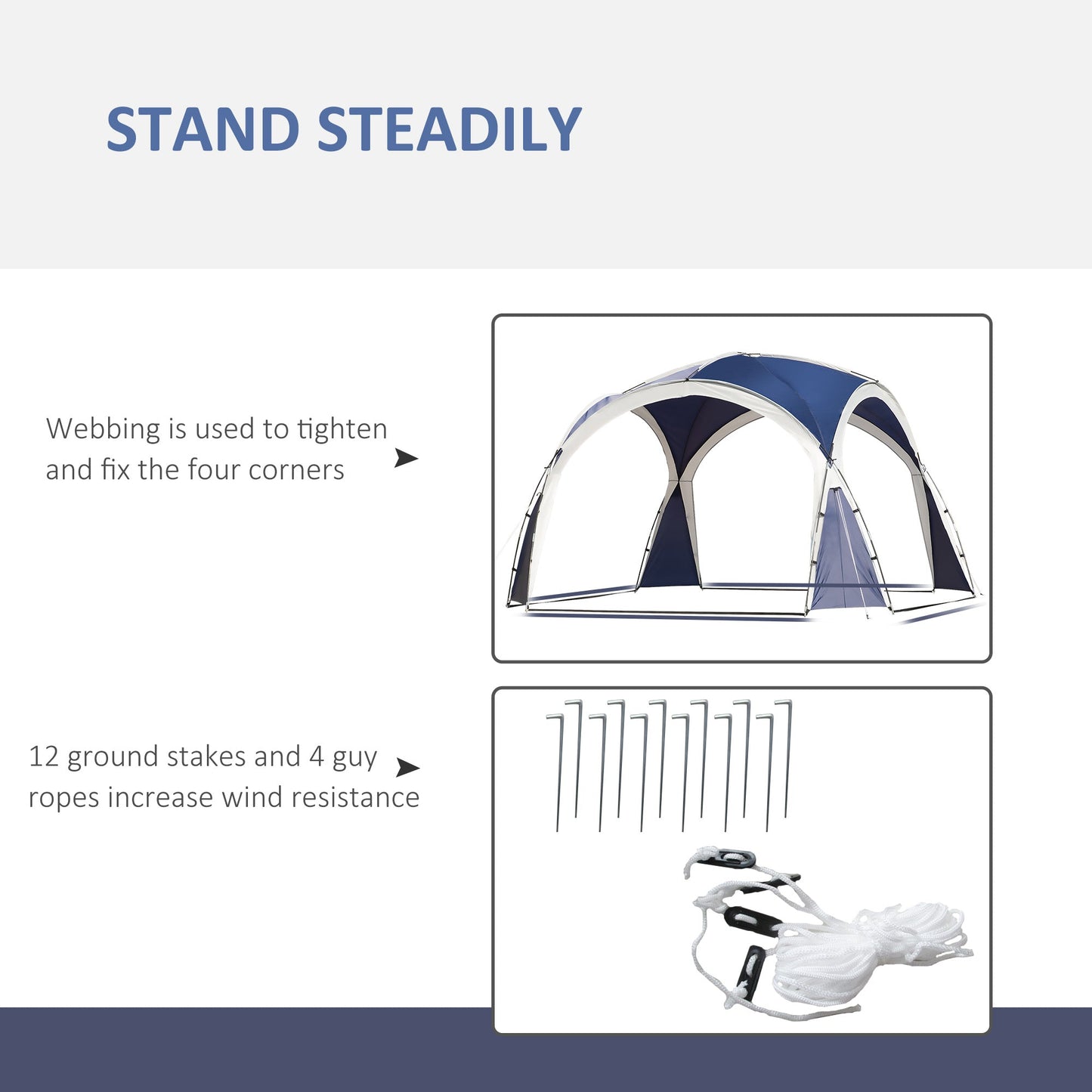 Outsunny 3.5 x 3.5M 6-8 Person Camping Gazebo, Outdoor Event Shelter Dome Tent Garden Sun Shelter Patio Spire Arc Pavilion Camp Sun Shade, Blue and Grey