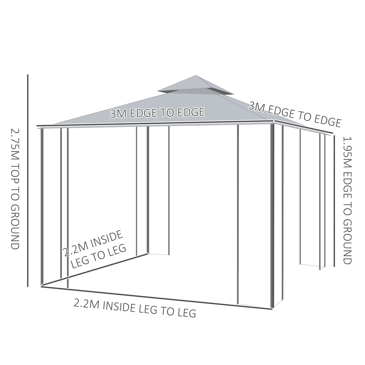 Outsunny 3(M)x3(M) Garden Gazebo Double Top Outdoor Canopy Patio Event Party Wedding Tent Backyard Sun Shade with Netting - Grey
