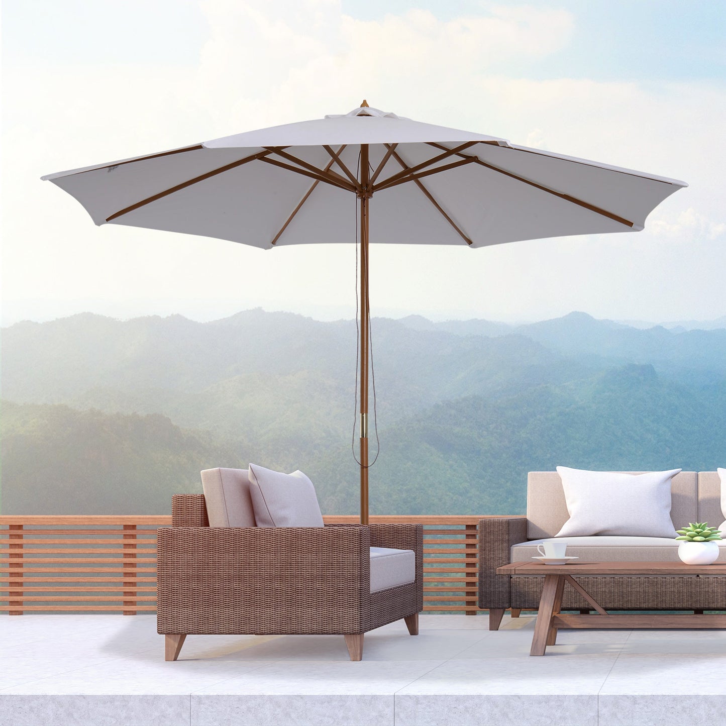 Outsunny 3(m) Garden Parasol, Pulley Operated Patio Umbrella, Wooden Table Market Umbrella with Rope Pulley Mechanism and 8 Ribs, Cream White
