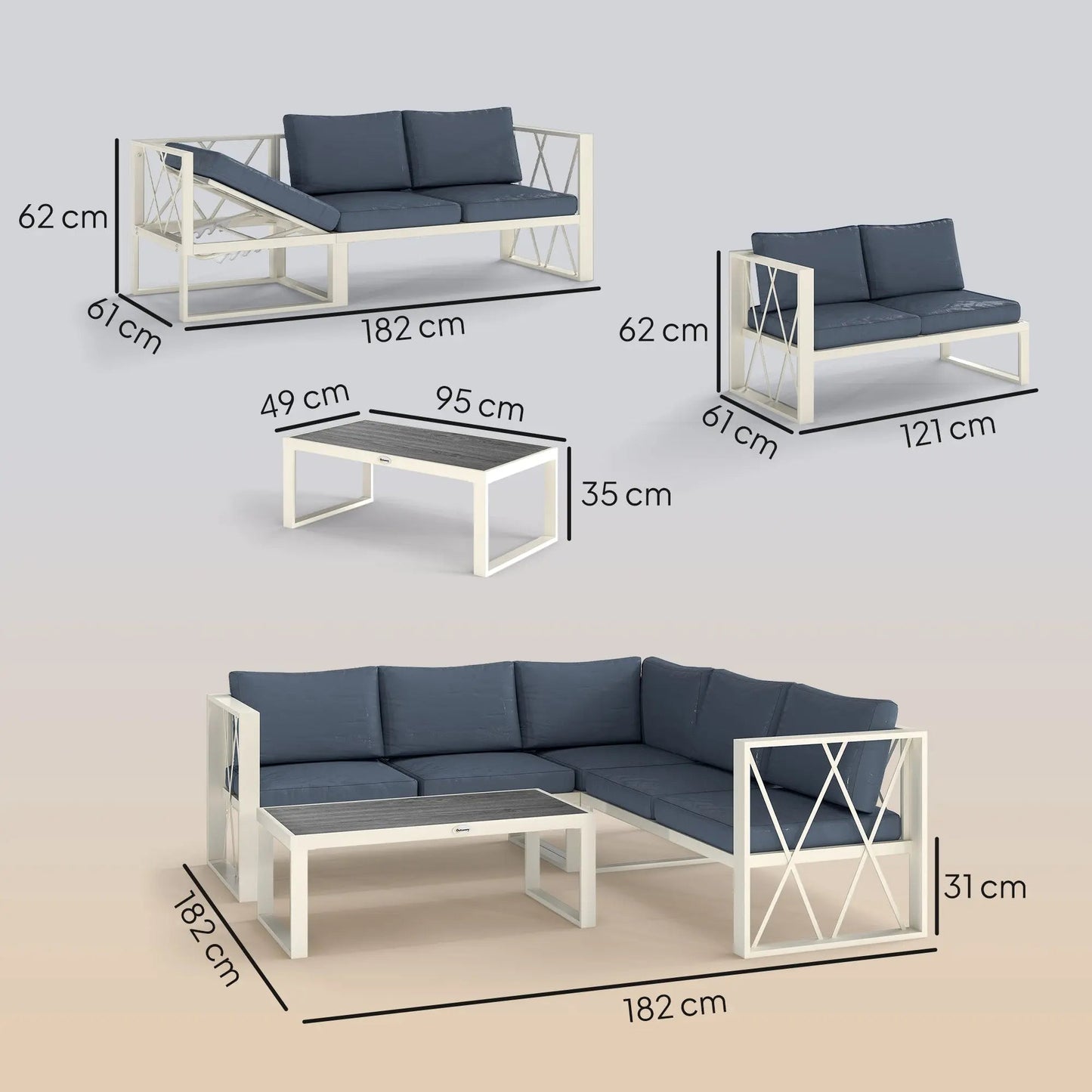 Outsunny Four-Piece L Shaped Garden Furniture Set with 5-Level Adjustable Lounger - Grey