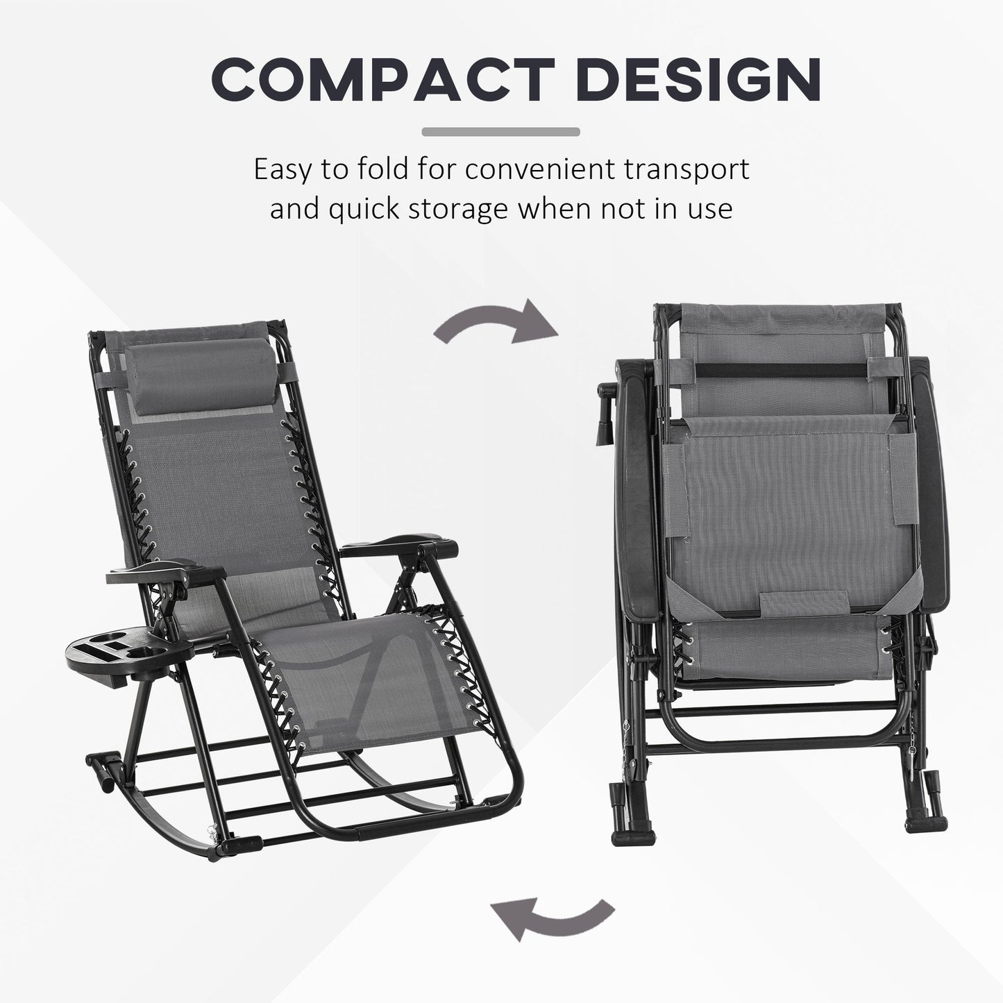 Outsunny Garden Rocking Chair Folding Recliner Outdoor Adjustable Sun Lounger Rocker Zero-Gravity Seat with Headrest Side Holder Patio Deck - Grey
