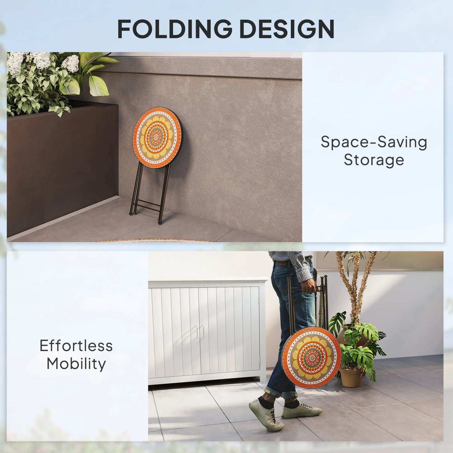 Outsunny Mosaic Outdoor Garden Table, 35.5cm Round Folding Coffee Table with Metal Frame for Balcony Terrace, Orange