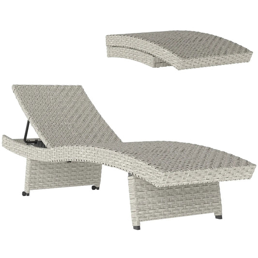 Outsunny Outdoor PE Rattan Sun Lounger, Folding Wicker Garden Lounger Recliner with 4-Level Adjustable Backrest, Rolling Sunbed Lounge Chair with Wheels, Non-Slip Legs for Balcony, Beach, Grey