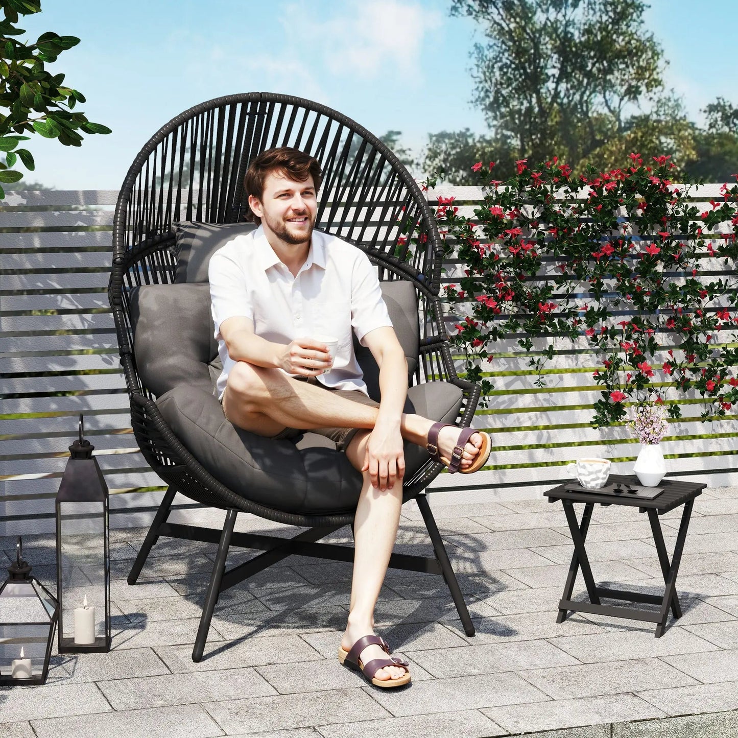 Outsunny Standing Rattan Egg Chair Outdoor, Oversized Wicker Garden Egg Chair with Thick Tufted Cushion, Headrest, Steel Frame, Charcoal Grey