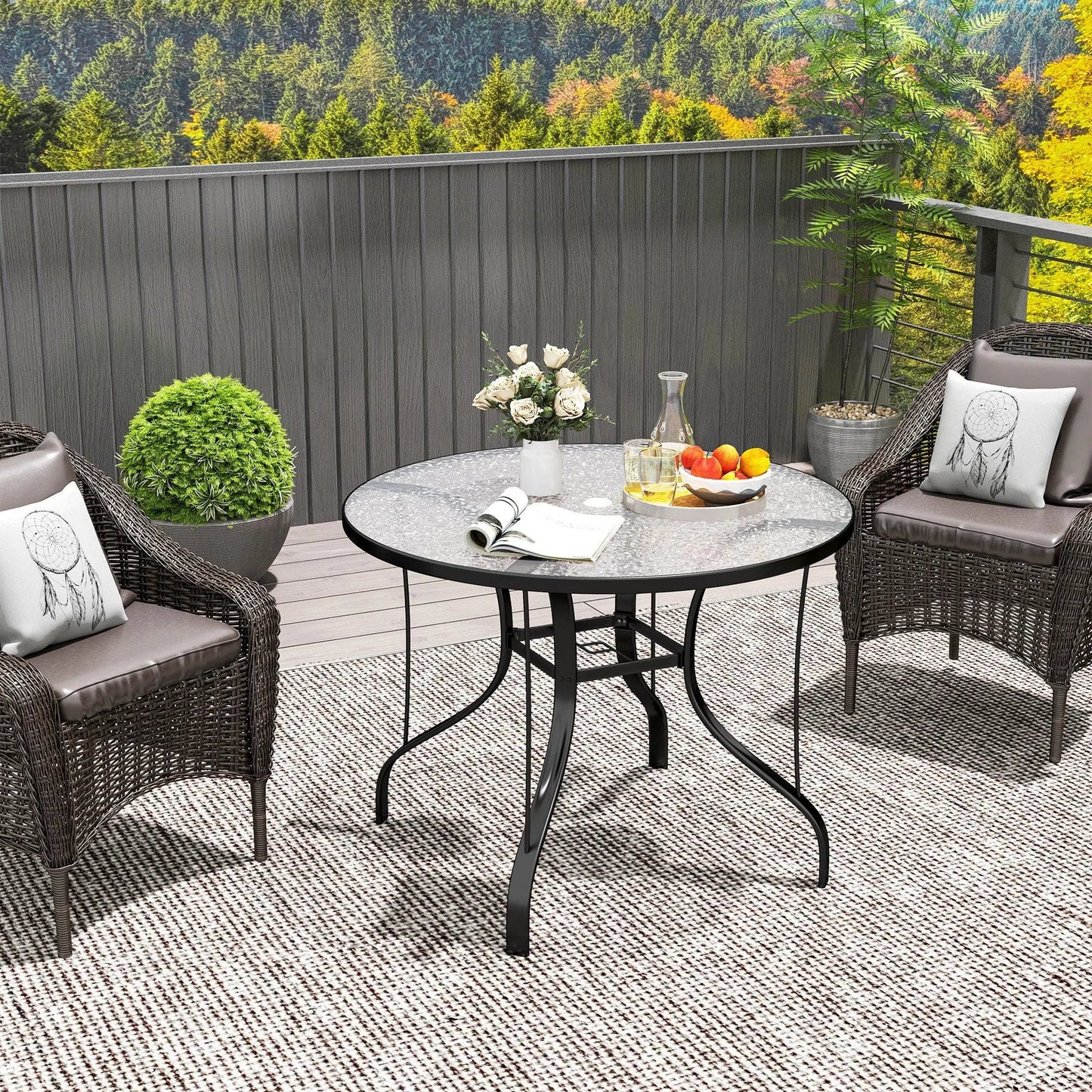 Outsunny Tempered Glass Top Round Outdoor Dining Table with Parasol Hole, 96.5 x 96.5 x 71 cm