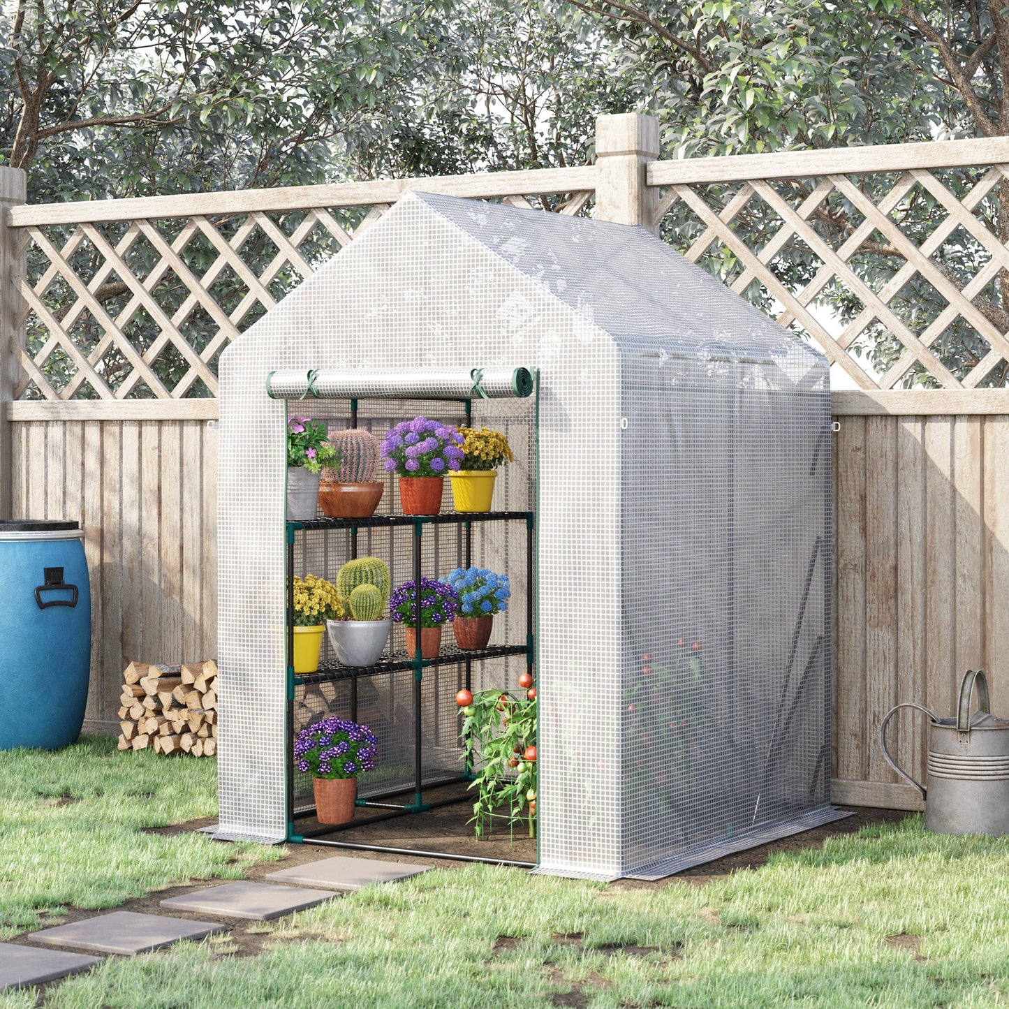 Outsunny Walk In Greenhouse with 2 Tier Shelf, Portable Gardening Plant Grow House with Roll up Zip Panel Door, Reinforced PE Cover, 143 x 143 x 195cm, Green