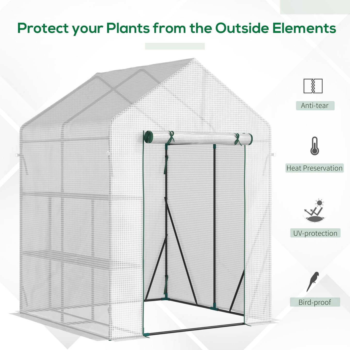 Outsunny Walk In Greenhouse with 2 Tier Shelf, Portable Gardening Plant Grow House with Roll up Zip Panel Door, Reinforced PE Cover, 143 x 143 x 195cm, Green