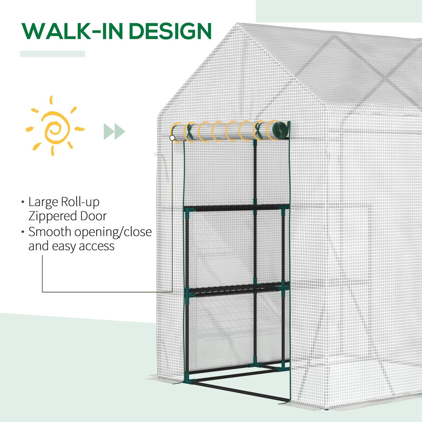 Outsunny Walk In Greenhouse with 2 Tier Shelf, Portable Gardening Plant Grow House with Roll up Zip Panel Door, Reinforced PE Cover, 143 x 143 x 195cm, Green