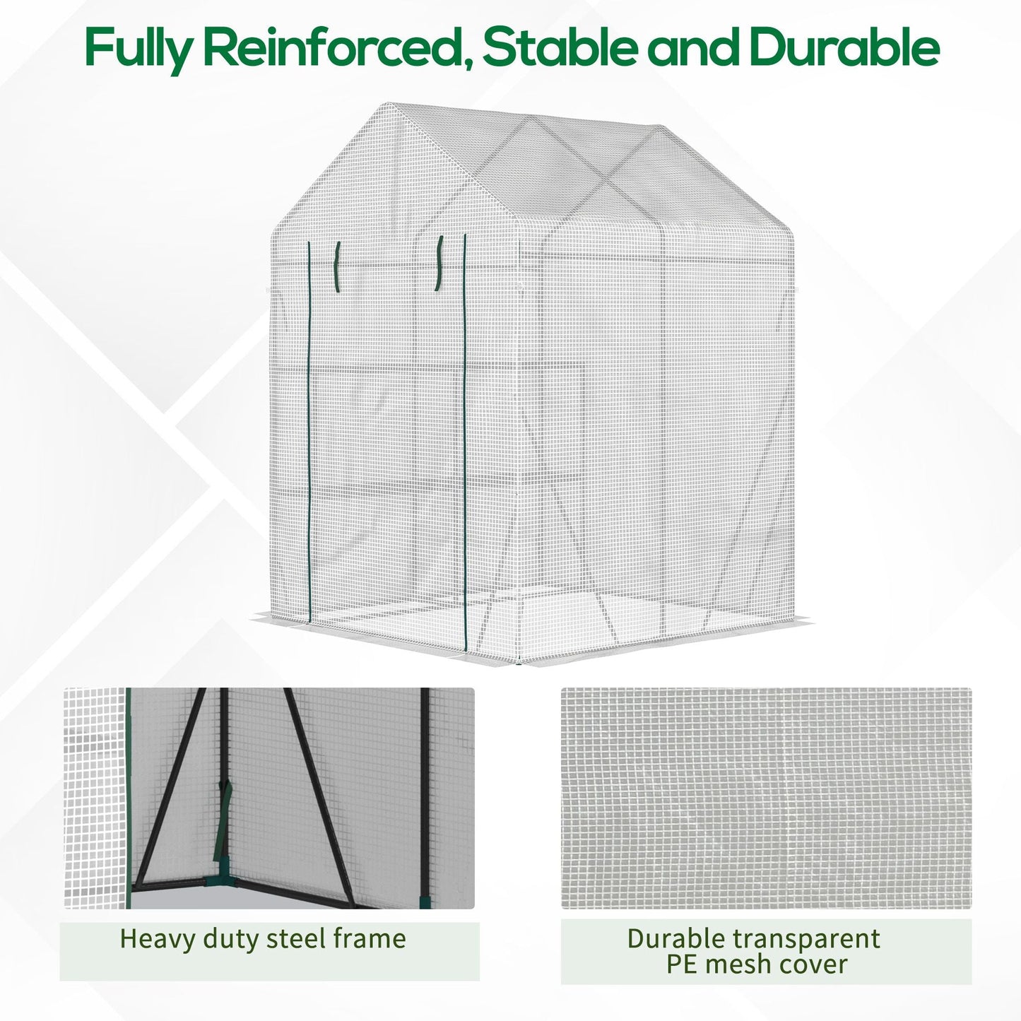 Outsunny Walk In Greenhouse with 2 Tier Shelf, Portable Gardening Plant Grow House with Roll up Zip Panel Door, Reinforced PE Cover, 143 x 143 x 195cm, Green