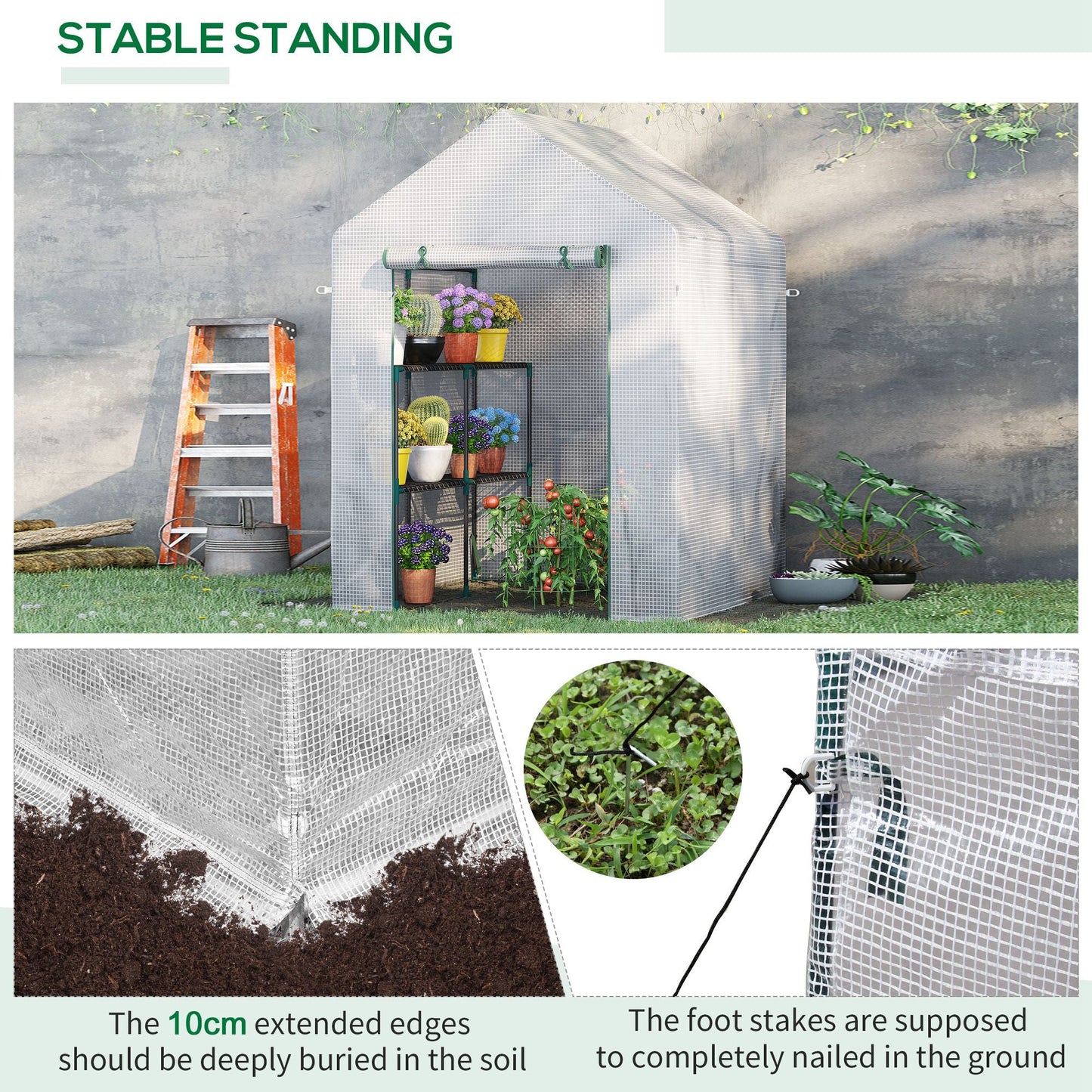 Outsunny Walk In Greenhouse with 2 Tier Shelf, Portable Gardening Plant Grow House with Roll up Zip Panel Door, Reinforced PE Cover, 143 x 143 x 195cm, Green