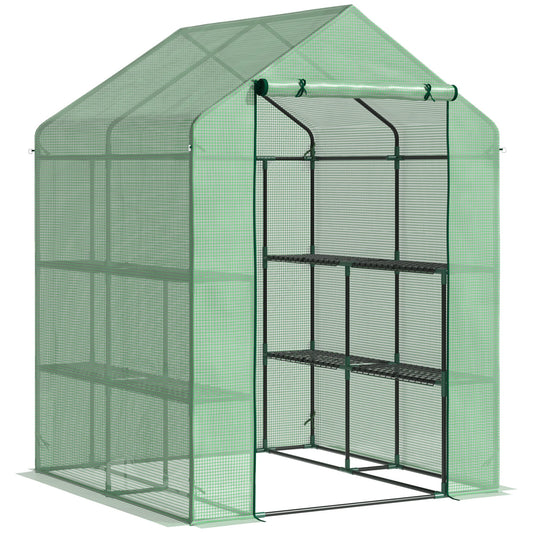 Outsunny Walk in Greenhouse with Shelves Steeple Green House for Garden Grow House Removable Cover 143x138x190cm, Green