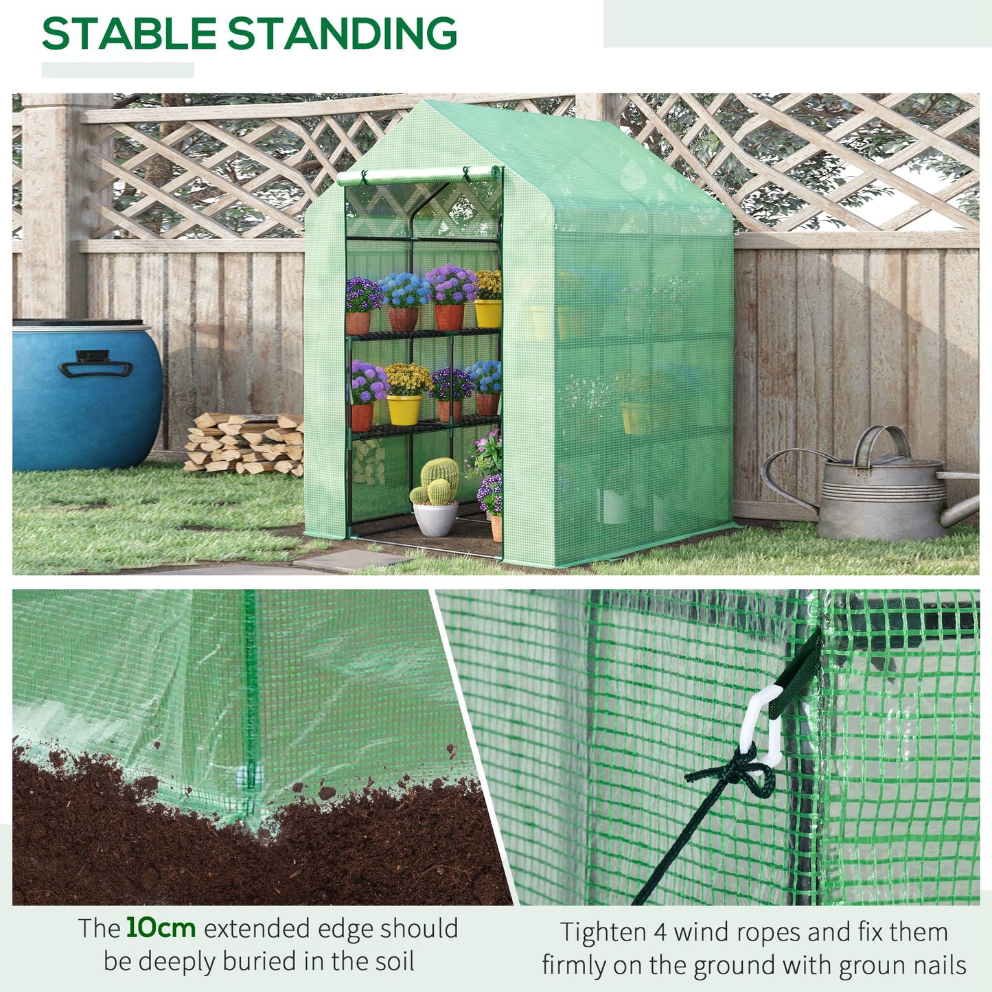 Outsunny Walk in Greenhouse with Shelves Steeple Green House for Garden Grow House Removable Cover 143x138x190cm, Green
