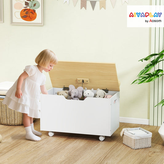 AIYAPLAY Toy Box with Lid, Toy Chest with Wheels and Safety Hinges, Toddler Storage Organiser for Playroom, Bedroom, White