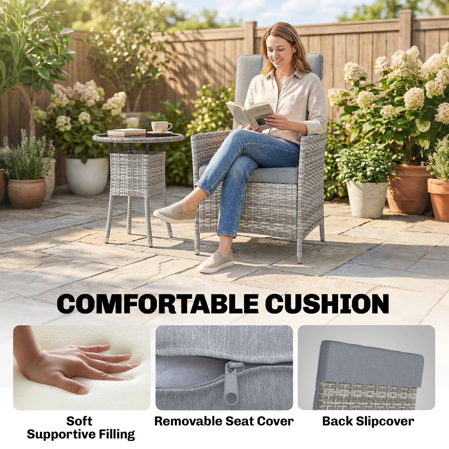 Outsunny Rattan Bistro Set, Reclining Garden Chairs and Glass Coffee Table with Cushions for Patio Balcony Porch, Light Grey