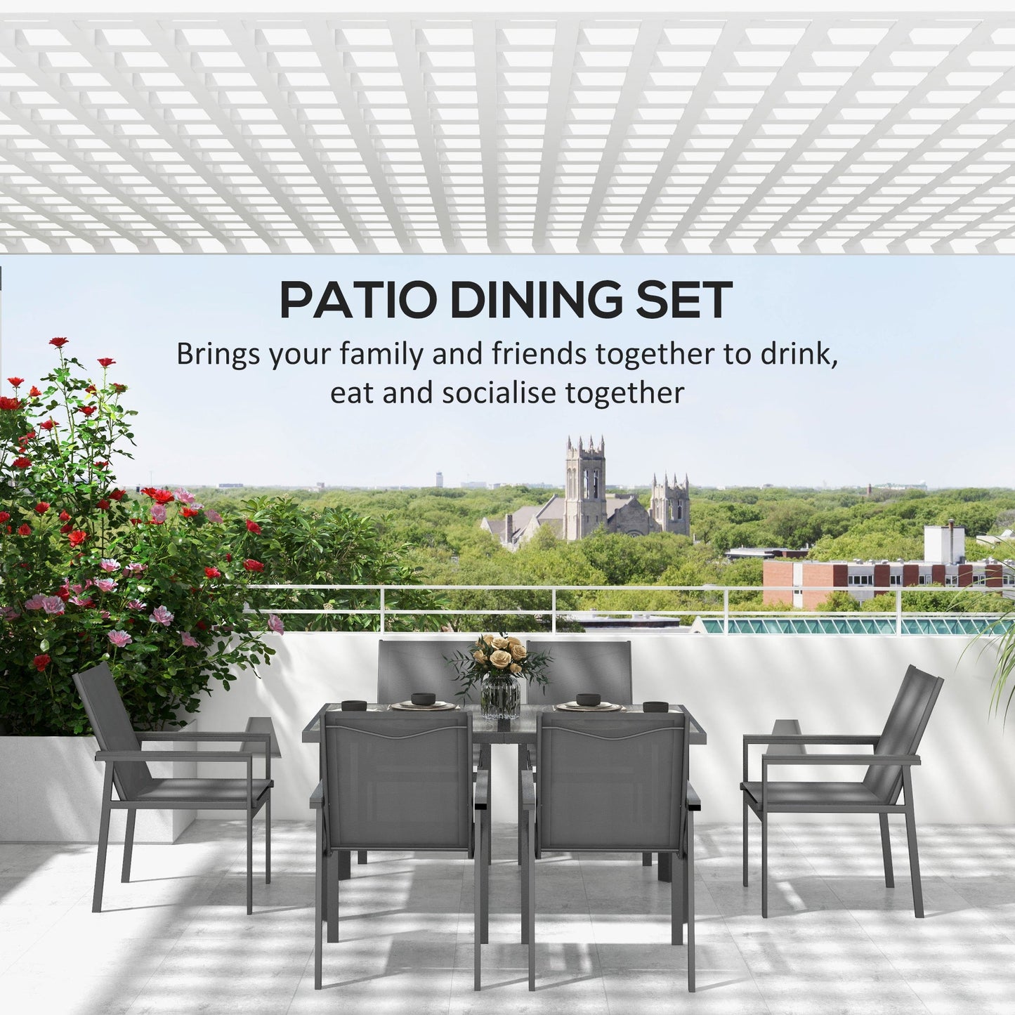 Outsunny Seven-Piece Metal Dining Set, with Glass-Top Table - Grey