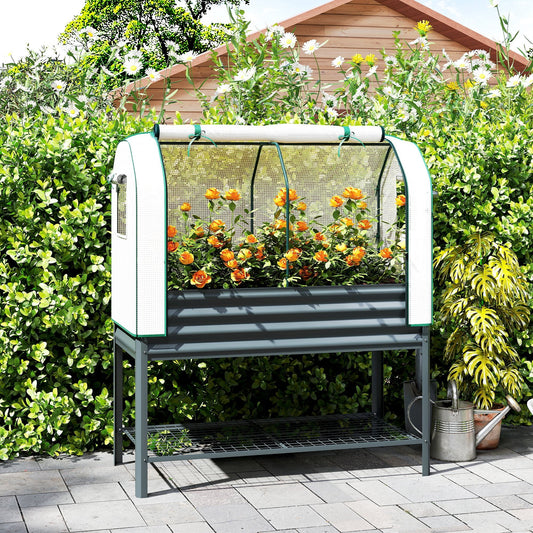 Outsunny Galvanised Raised Planter with Greenhouse Cover, Metal Raised Garden Bed on Legs with Bed Liner and Bottom Shelf