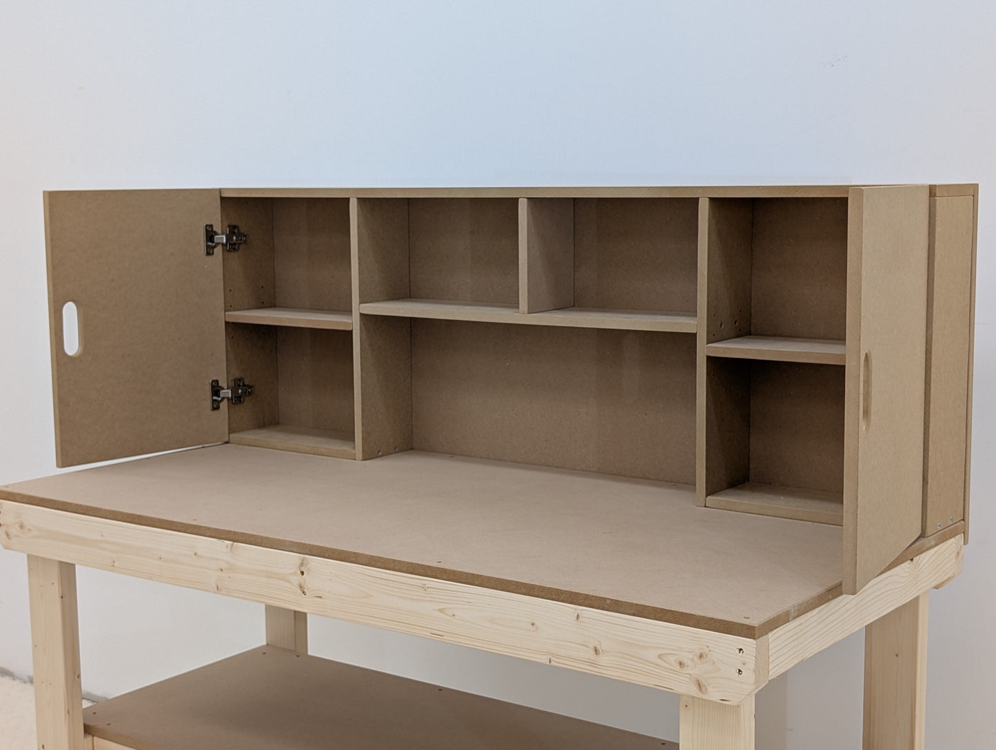 Wooden MDF top workbench with cupboard back panel and double shelf