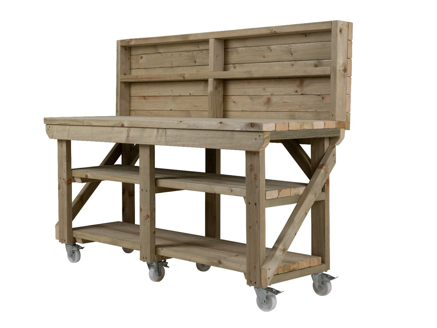 Indoor/outdoor workbench, pressure treated bench with back panel, double shelf and wheels