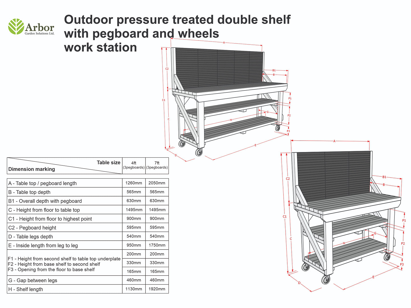 Wooden Pressure Treated Workbench With Peg Board with Double Shelf