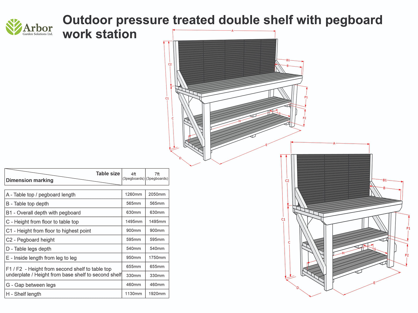 Wooden Pressure Treated Workbench With Peg Board with Double Shelf