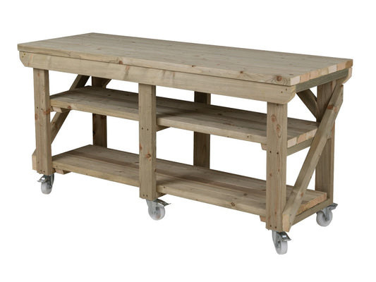 Indoor/outdoor workbench, pressure treated bench with double shelf and wheels