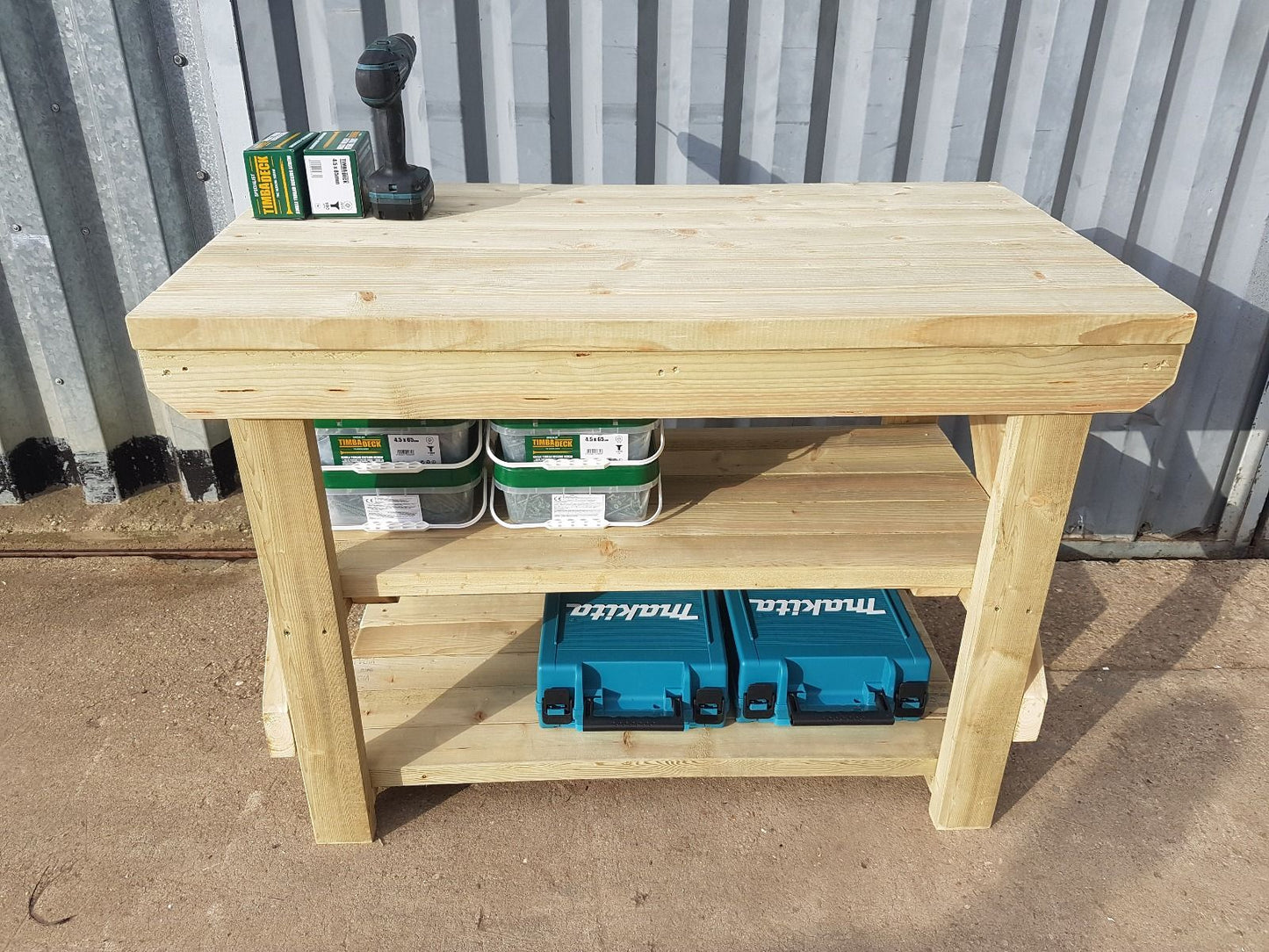 Indoor/outdoor workbench, pressure treated bench with double shelf