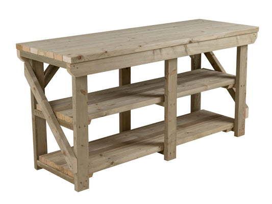 Indoor/outdoor workbench, pressure treated bench with double shelf