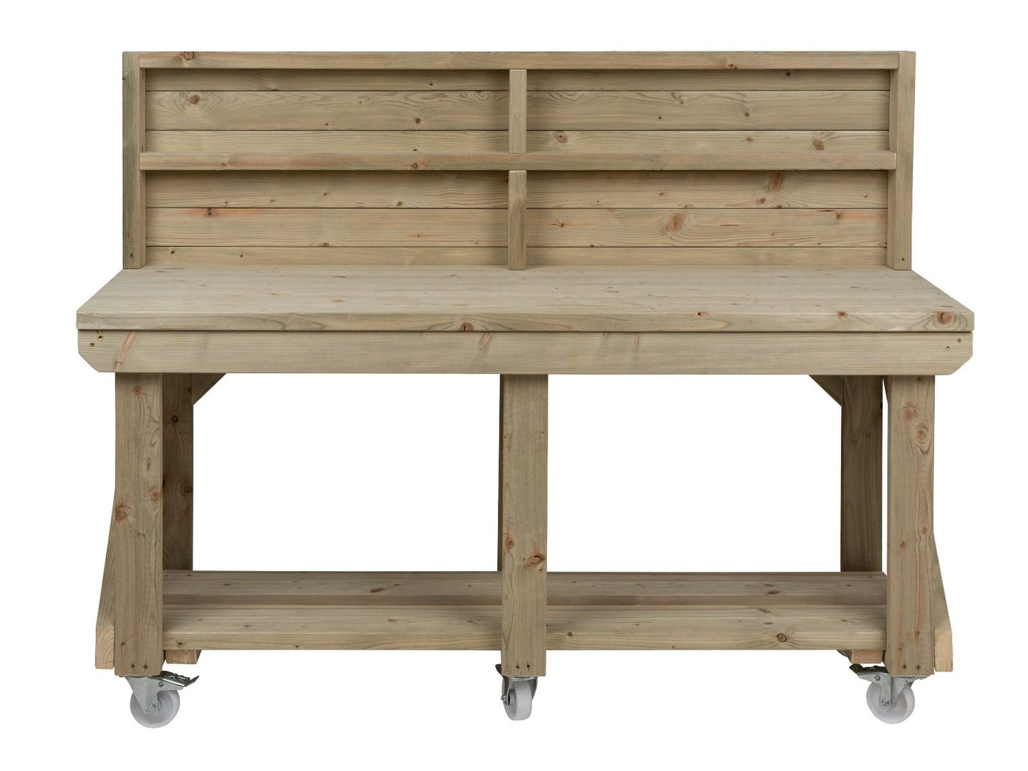Indoor/outdoor workbench, pressure treated bench with back panel and wheels