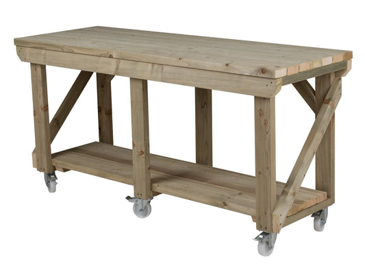 Indoor/outdoor workbench, pressure treated bench with wheels