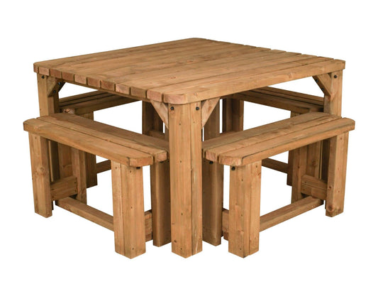 QUADRUM Rounded Picnic Table With 4 Benches - Rustic Finish